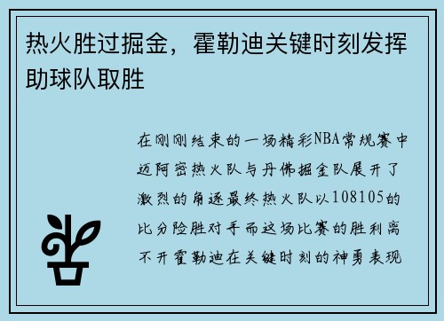 热火胜过掘金，霍勒迪关键时刻发挥助球队取胜